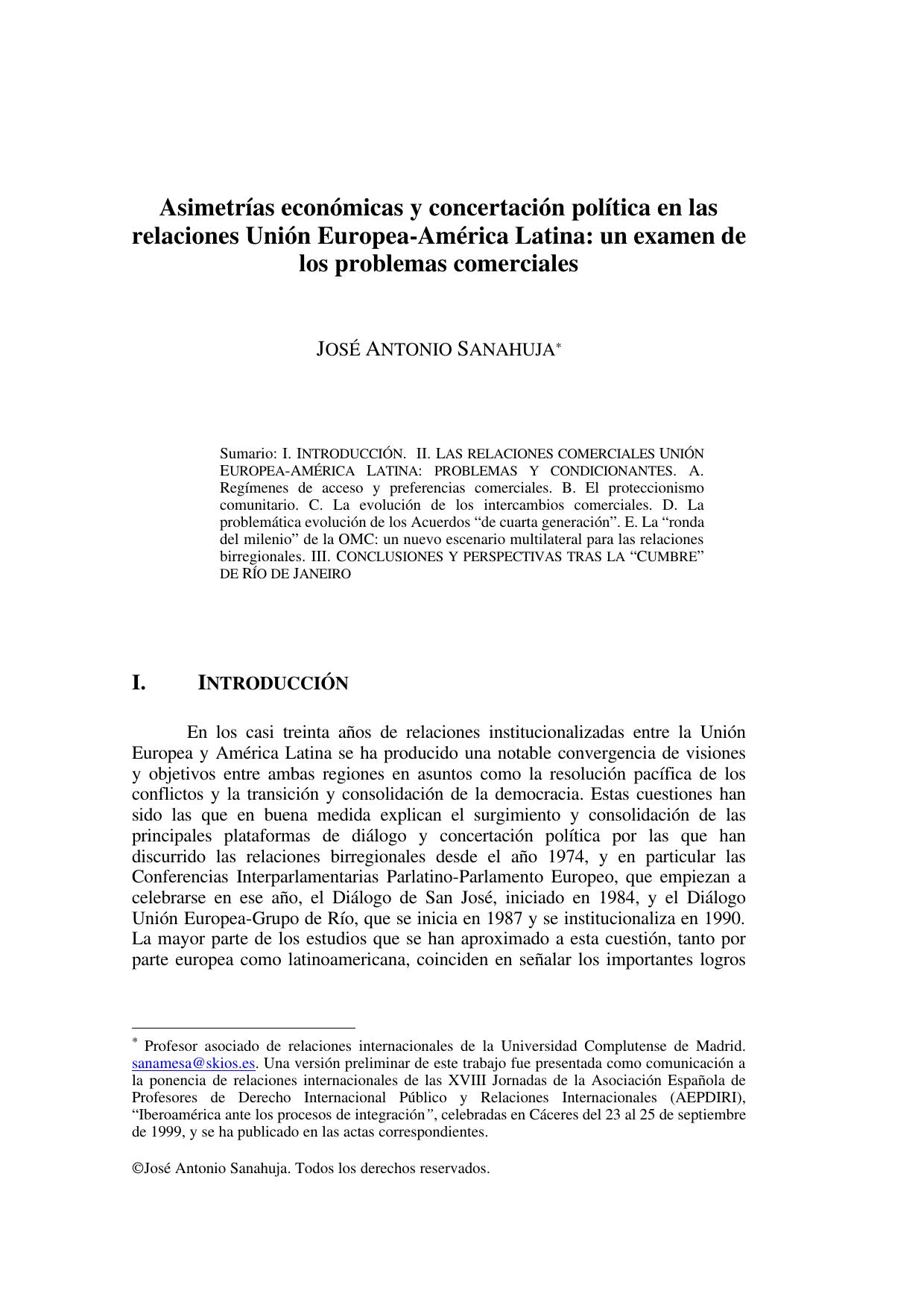 Asimetrias economicas y concertacion politica en las relaciones Union Europea-America Latina: un examen de los problemas comerciales